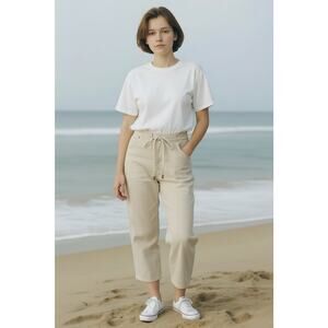 Banana Republic Pants Linen Cropped Drawstring Straight Cream Boho Beach size XL